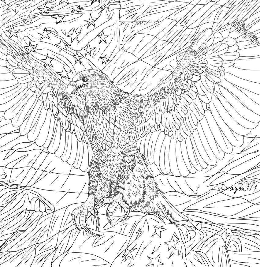 claws feathers feral flags solo star stripes text united_states_of_america wings dragon171 accipitrid accipitriform avian bird eagle absurd_res english_text hi_res monochrome