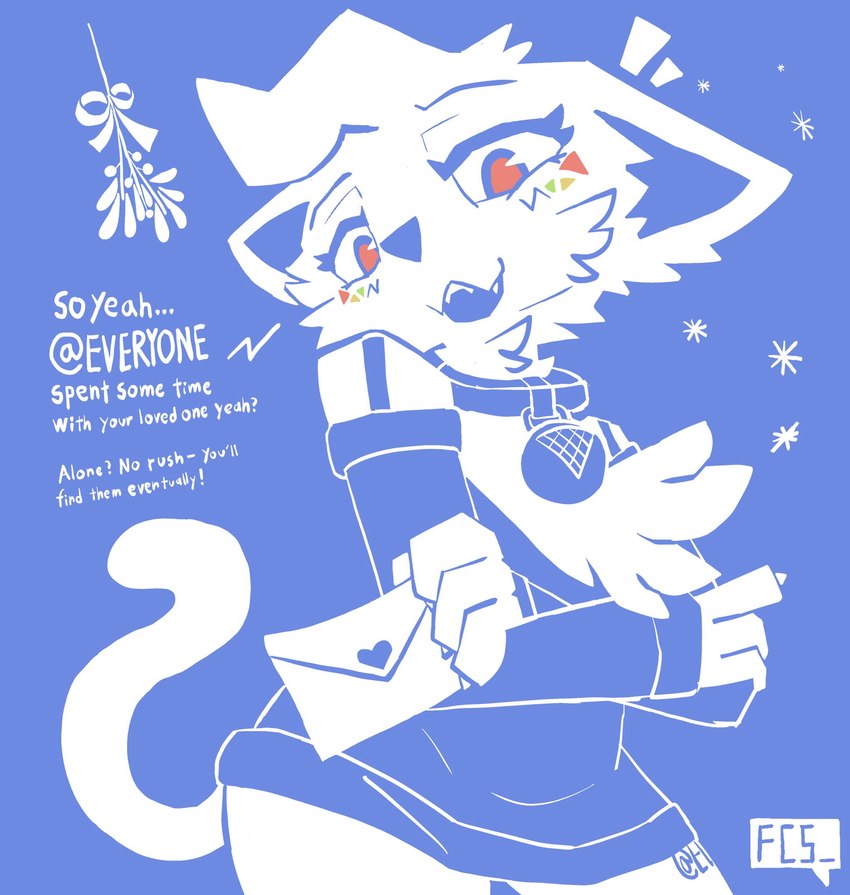 anthro bare_shoulders biped blue_eyes body_writing bra_strap cheek_tuft chest_tuft collar crossed_arms dialogue facial_tuft female fur head_tuft holding_envelope inner_ear_fluff mistletoe plant pupils red_pupils snowflake solo talking_to_viewer text thick_thighs tuft white_body white_fur wide_hips fc5 discord_(app) clyde_(discord) domestic_cat felid feline felis mammal 2024 artist_name english_text hi_res