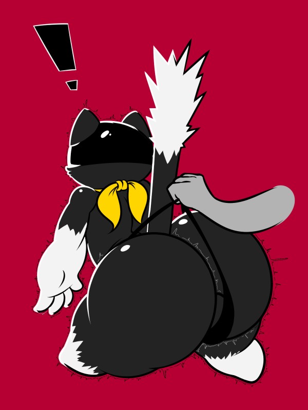 anthro backsack balls big_butt black_body black_fur butt butt_focus clothing duo erect_tail exclamation_point fur genitals kerchief male markings mask messy_tail simple_background solo_focus tail tail_markings tail_shock thick_thighs wedgie white_body white_fur trashdrawy atlus megami_tensei megami_tensei_persona persona_(series) persona_5 sega morgana_(persona) domestic_cat felid feline felis mammal tuxedo_cat 3:4 hi_res