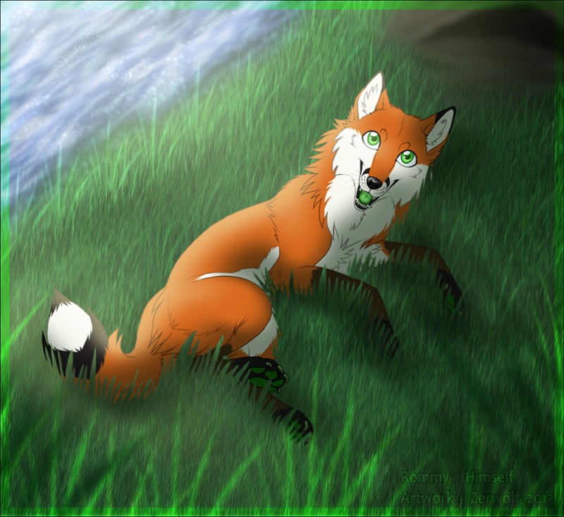 ambiguous_gender black_nose claws feral fur grass green_claws green_eyes green_pawpads green_tongue looking_at_viewer lying on_side orange_body orange_fur outside pawpads plant river smile solo sun sunbathing toe_claws tongue white_body white_fur avoid_posting zerwolf rommy_winterlight canid canine fox mammal red_fox true_fox 2013