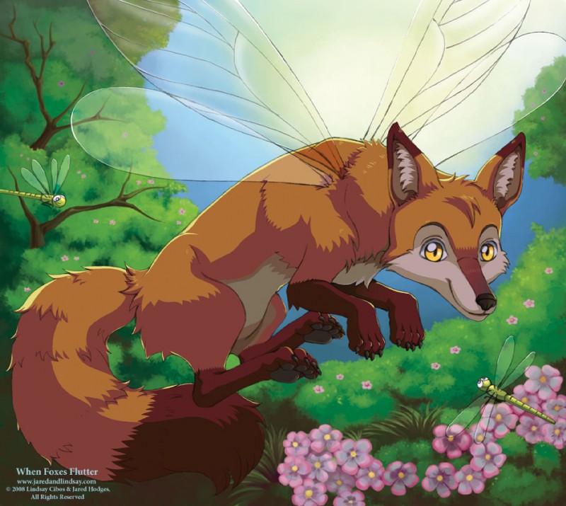 ambiguous_gender dipstick_tail feral flower fluffy fluffy_tail flying forest fur group looking_at_viewer markings multicolored_tail orange_body orange_fur plant quadruped smile tail tail_markings tree trio yellow_eyes lindsay_cibos arthropod canid canine dragonfly fox hybrid insect mammal