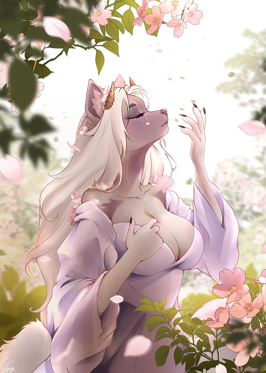 accessory anthro big_breasts breasts cleavage clothed clothing detailed_background dress eyes_closed female flower flower_in_hair forest garden hair hair_accessory horn long_hair nature nature_background outside plant solo temptation tree laffisa haw canid canine demon fox mammal absurd_res hi_res