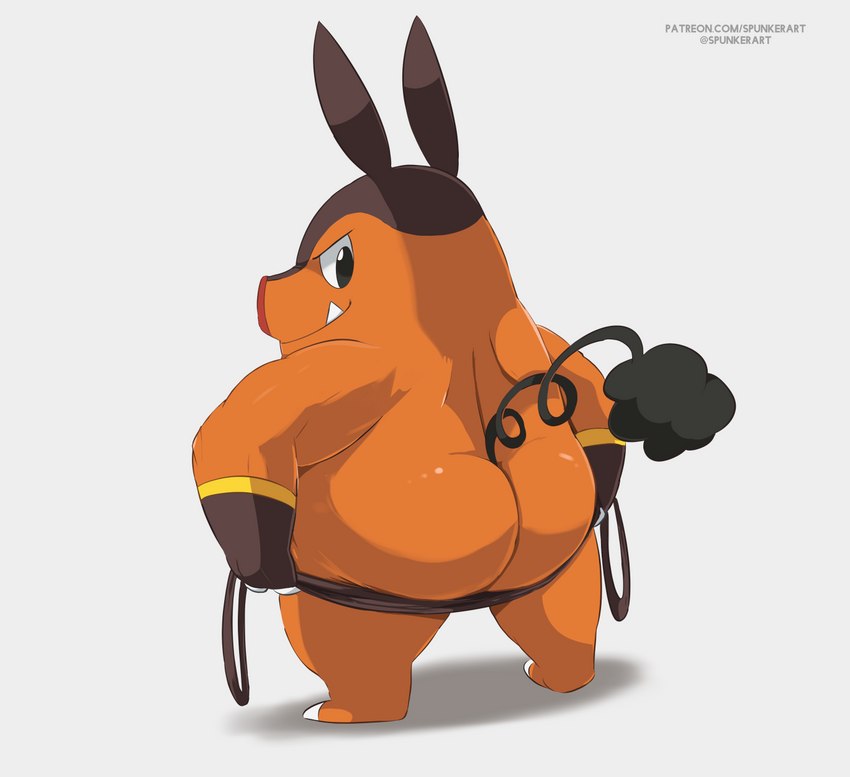 2_fingers anthro big_butt butt clothed clothing ears_up fingers looking_back male orange_body overweight overweight_anthro overweight_male simple_background slightly_chubby smile solo thick_thighs white_background spunker nintendo pokemon generation_5_pokemon pignite pokemon_(species) hi_res