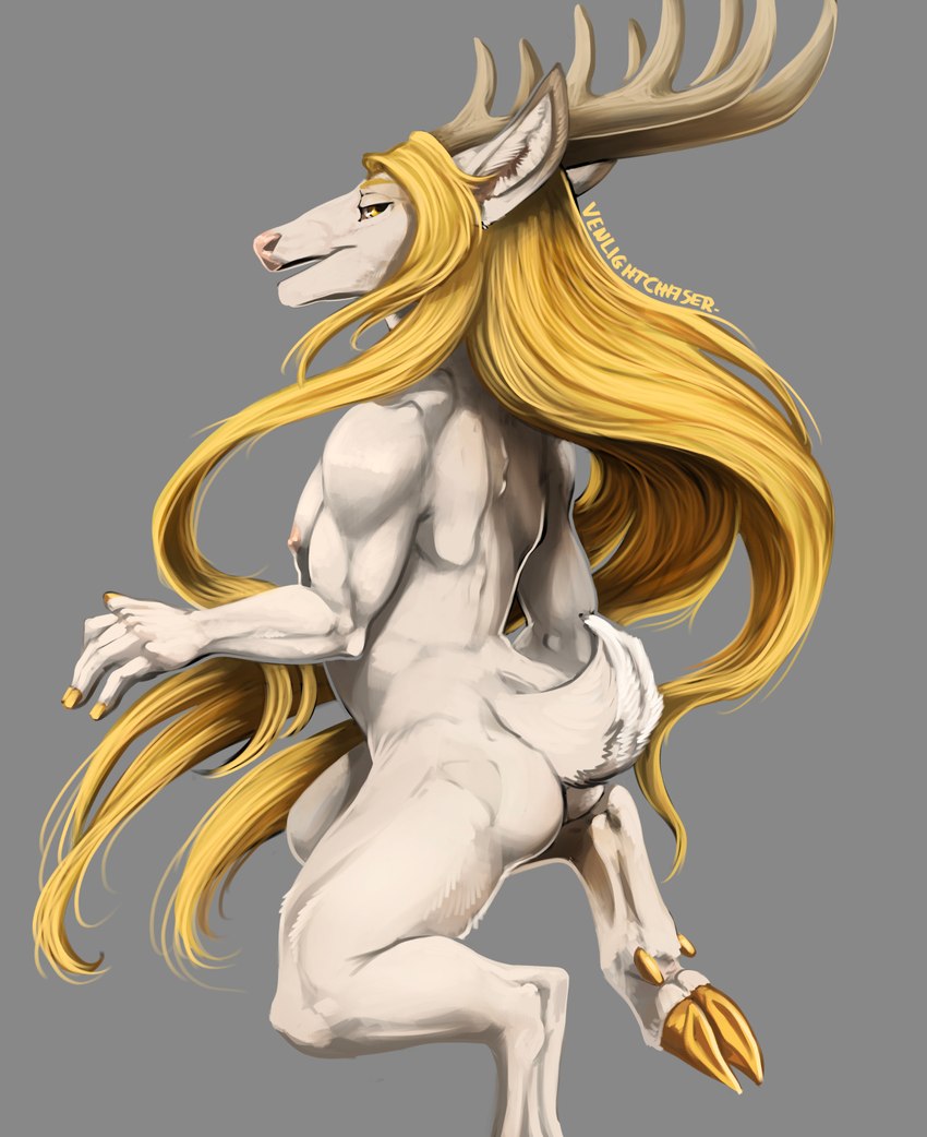 anthro antlers blonde_hair butt cloven_hooves colored_nails fingernails fur hair hooves horn long_hair male nails nipples pink_nipples pink_nose short_tail solo tail white_body white_fur yellow_eyes yellow_fingernails yellow_hooves yellow_nails venlightchaser deer mammal 2024 hi_res signature