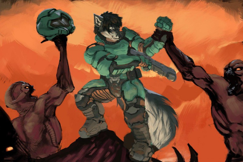 anthro armor clothed clothing eyewear fur glasses gun hair male ranged_weapon shotgun weapon eyrich doom_(series) id_software microsoft logan_(fox) canid canine demon fox mammal 2017