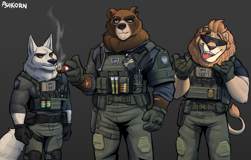 anthro bulletproof_vest cigar eyewear group holstered_pistol law_enforcement magazine_(gun) male operator police pose scar shell_(projectile) shotgun_shell special_forces sunglasses tactical tactical_gear team_pose trio psakorn_tnoi disney swat zootopia andre_delgato bruno_simmers logan_fangmeyer officer_delgato bear brown_bear canid canine canis felid grizzly_bear lion mammal pantherine ursine wolf 2023 hi_res