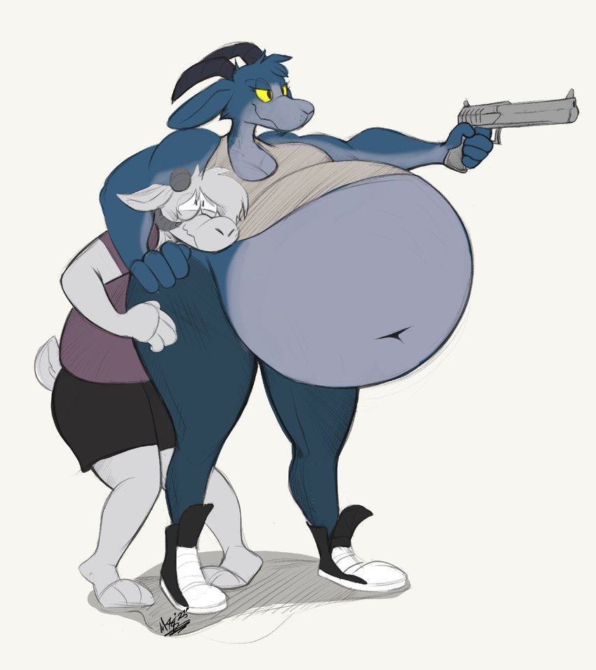 anthro belly big_belly blue_body blue_fur bottomwear breasts clothing crop_top denim denim_bottomwear denim_clothing desert_eagle duo female footwear fur gun handgun holding_gun holding_object holding_ranged_weapon holding_weapon horn huge_belly jeans male navel pants pistol pointing_gun ranged_weapon scut_tail shirt shoes short_tail shorts simple_background t-shirt tail topwear weapon white_body white_fur yellow_eyes lefcoyto coffee_stain_studios epic_games fortnite goat_simulator key_(keyaotic) pilgor_(goat_simulator) bovid caprine goat mammal hi_res