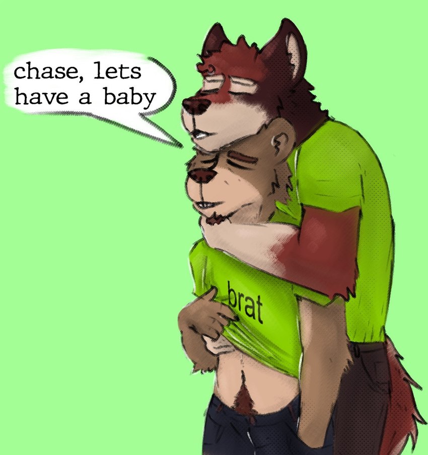 anthro anthro_on_anthro biped brown_body brown_fur duo eyes_closed fur male male/male muscular muscular_anthro red_body red_fur simple_background slim_anthro slim_male speech_bubble text dogipound brat_(charli_xcx) charli_xcx echo_(game) echo_(series) echo_project chase_hunter leo_alvarez canid canine canis mammal mustelid otter wolf 2024 english_text hi_res