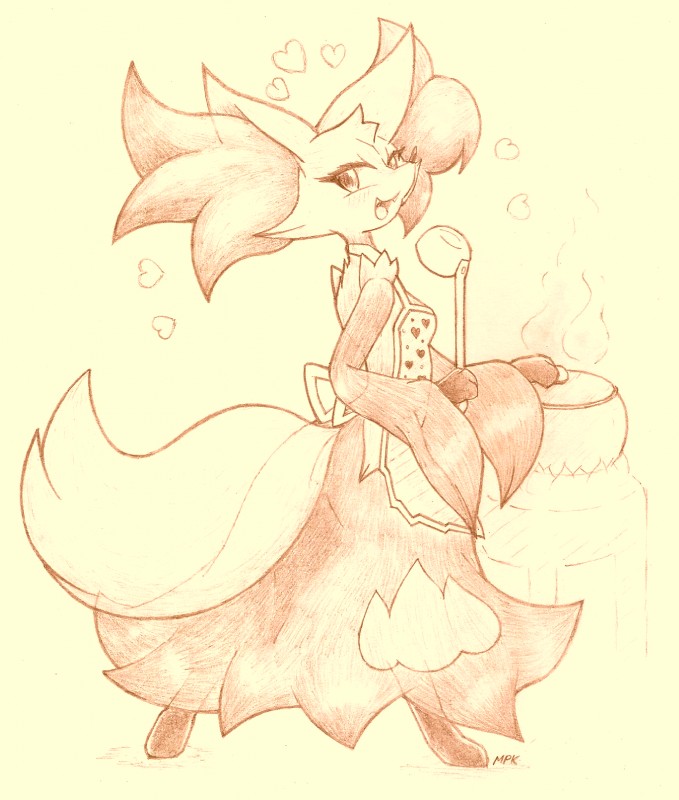 anthro apron blush breasts clothed clothing cute_fangs fangs female heart_symbol looking_at_viewer solo teeth fullfolka nintendo pokemon canid canine delphox generation_6_pokemon mammal pokemon_(species) hi_res