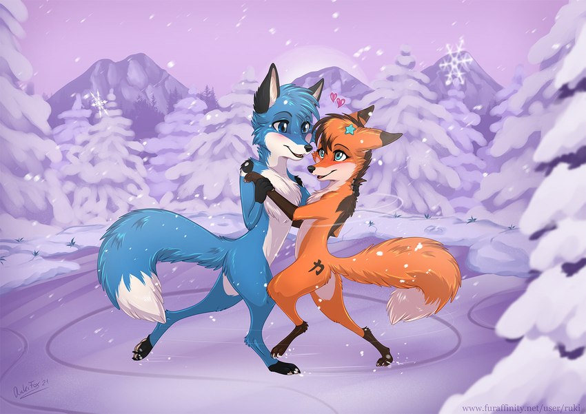 ambiguous_gender blue_body blue_fur dancing duo feral fur on_hind_legs snow rukifox koro_(koro_kiama) yumi_(yatofox) canid canine fox mammal