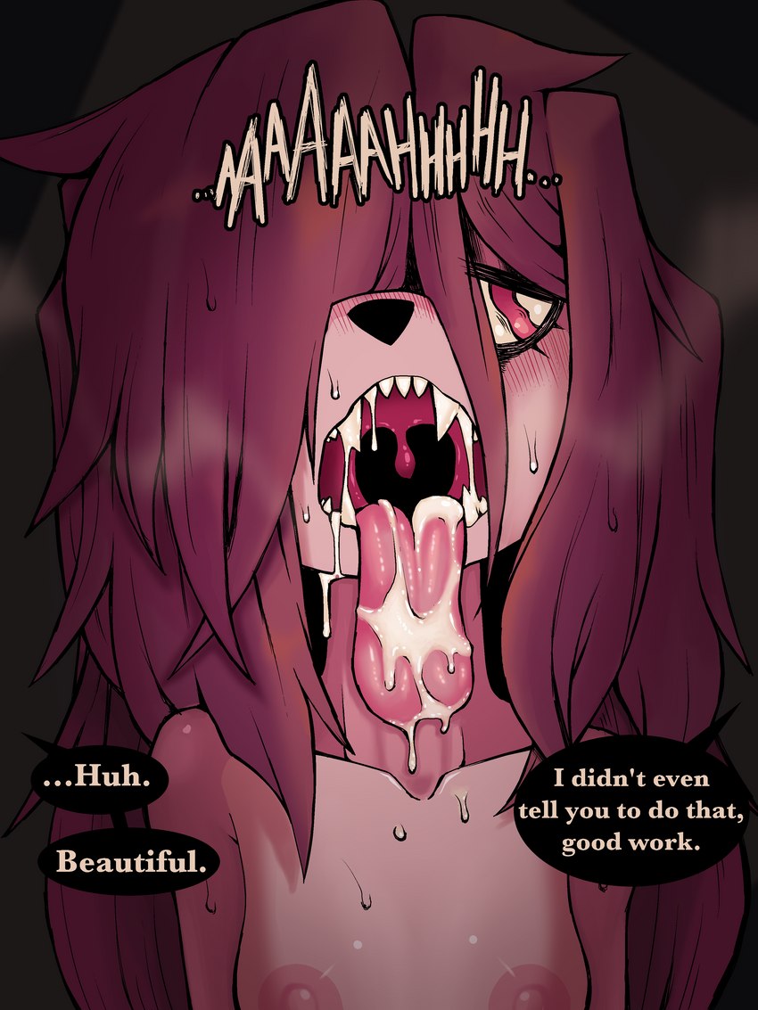 anthro areola bodily_fluids breasts cum cum_in_mouth cum_inside cumshot dialogue ejaculation female female_anthro genital_fluids mouth_shot nipples open_mouth oral_invitation red_eyes small_breasts solo teary_eyes text tongue tongue_out uvula ponporio homeless_dog canid canine canis domestic_dog mammal 3:4 absurd_res comic english_text hi_res