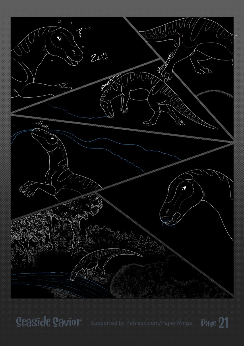 ambiguous_gender bite_mark creek drinking feral sniffing solo stretching waking_up paper-wings dinosaur nanyangosaurus ornithischian ornithopod prehistoric_species reptile scalie greyscale hi_res monochrome female_(lore)