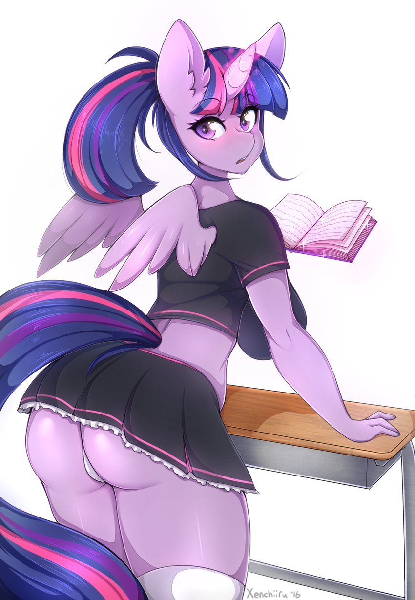 anthro anthrofied big_breasts book bottomwear breasts butt clothed clothing eyebrows eyelashes female furniture hair horn leaning levitation magic miniskirt multicolored_hair panties ponytail pose purple_eyes purple_hair skirt solo sparkles table underwear upskirt wings kitsuumi xenchiiru friendship_is_magic hasbro my_little_pony mythology twilight_sparkle_(mlp) equid equine mammal mythological_creature mythological_equine winged_unicorn 2017 hi_res