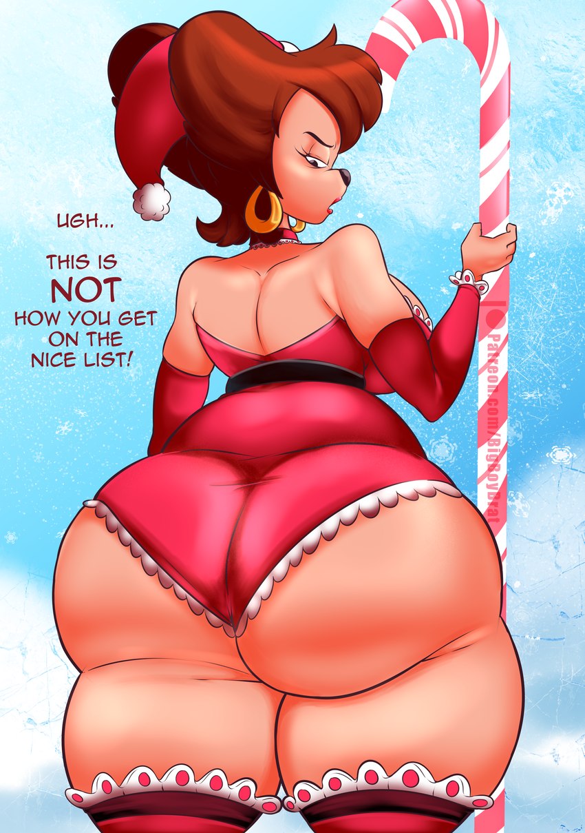 anthro armwear big_butt biped breasts brown_hair butt christmas_clothing christmas_headwear clothed clothing dialogue ear_piercing ear_ring eyelashes female hair hat headgear headwear holding_object holidays huge_butt legwear looking_back mature_female piercing pupils ring_piercing santa_hat simple_background solo text thick_thighs thigh_highs teenagebratwurst christmas disney goof_troop peg_pete canid canine canis domestic_dog mammal absurd_res hi_res