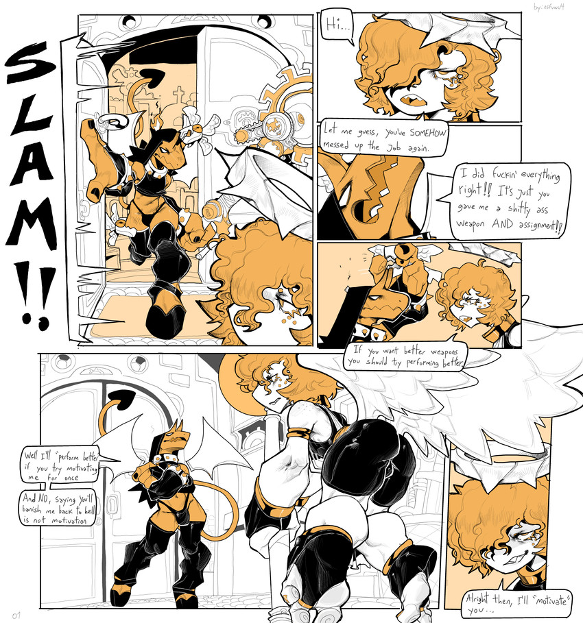 3_toes armwear back_wings bottomwear bracelet bulge butt_wings choker clothed clothed_male clothing collar dialogue duo feet freckled_face freckles fully_clothed fully_clothed_male halo hooves horn jewelry leggings legwear male necklace profanity shorts spandex spandex_shorts speech_bubble spiked_bracelet spiked_collar spikes stirrup_footwear text thong tight_bottomwear tight_clothing tight_shorts toes underwear unusual_wing_placement wings nsfuwu4 angel angel_humanoid demon humanoid 2024 absurd_res comic english_text hi_res