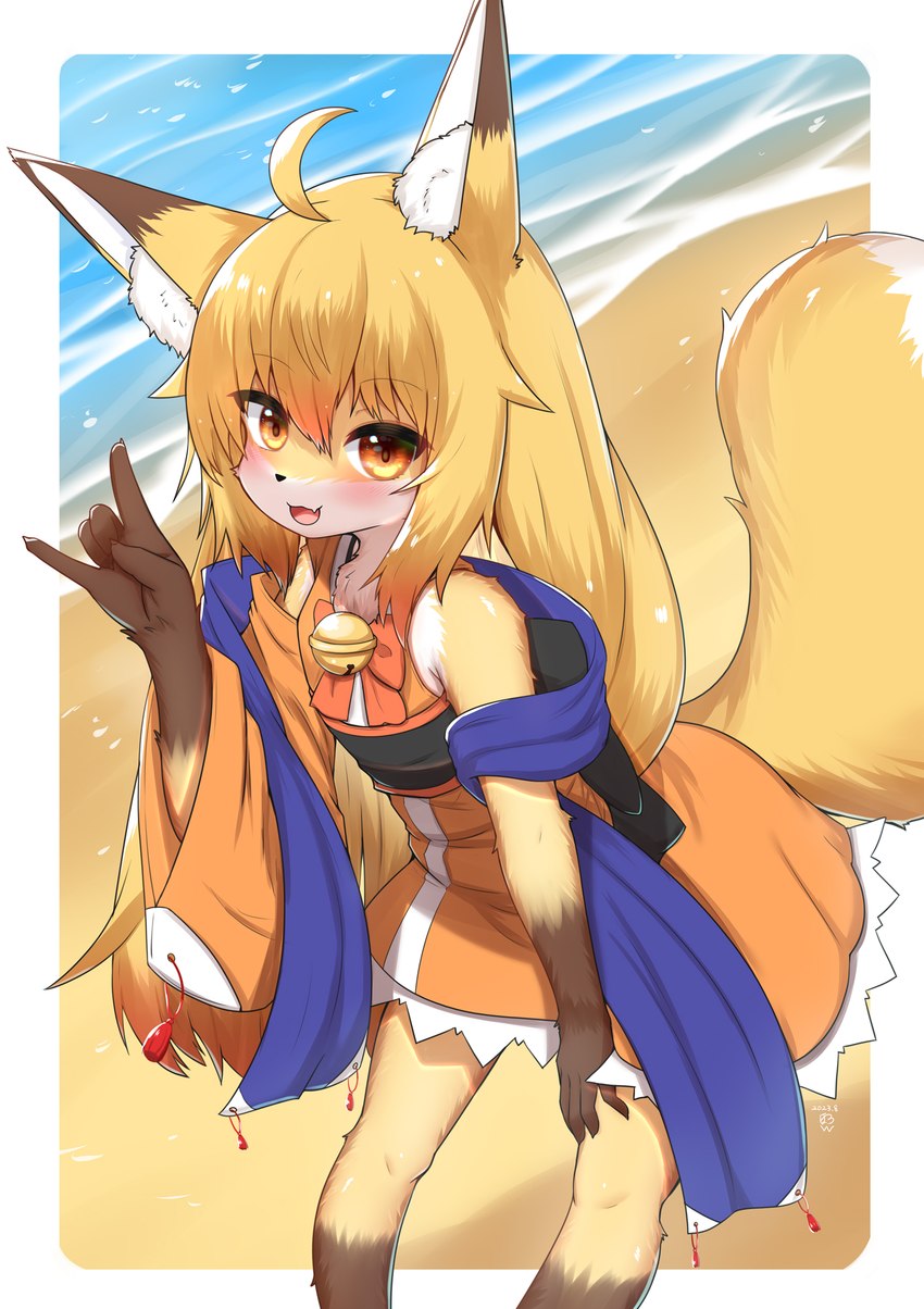 amber_eyes anthro asian_clothing bare_shoulders beach bell_bow biped blonde_hair blush border claws clothing clothing_bow countershade_fur countershading dipstick_ears dress ear_markings east_asian_clothing female finger_claws flat_chested fluffy fluffy_tail fox_hand_sign fur gesture hair hand_gesture hand_on_leg hand_on_thigh high-angle_view japanese_clothing kemono leaning leaning_forward leg_markings long_hair looking_at_viewer markings multicolored_ears obi one_sleeve_top open_mouth orange_clothing orange_dress sand seaside shawl socks_(marking) solo tail water white_body white_border white_fur wide_sleeves yellow_body yellow_fur horokusa0519 canid canine fox mammal hi_res