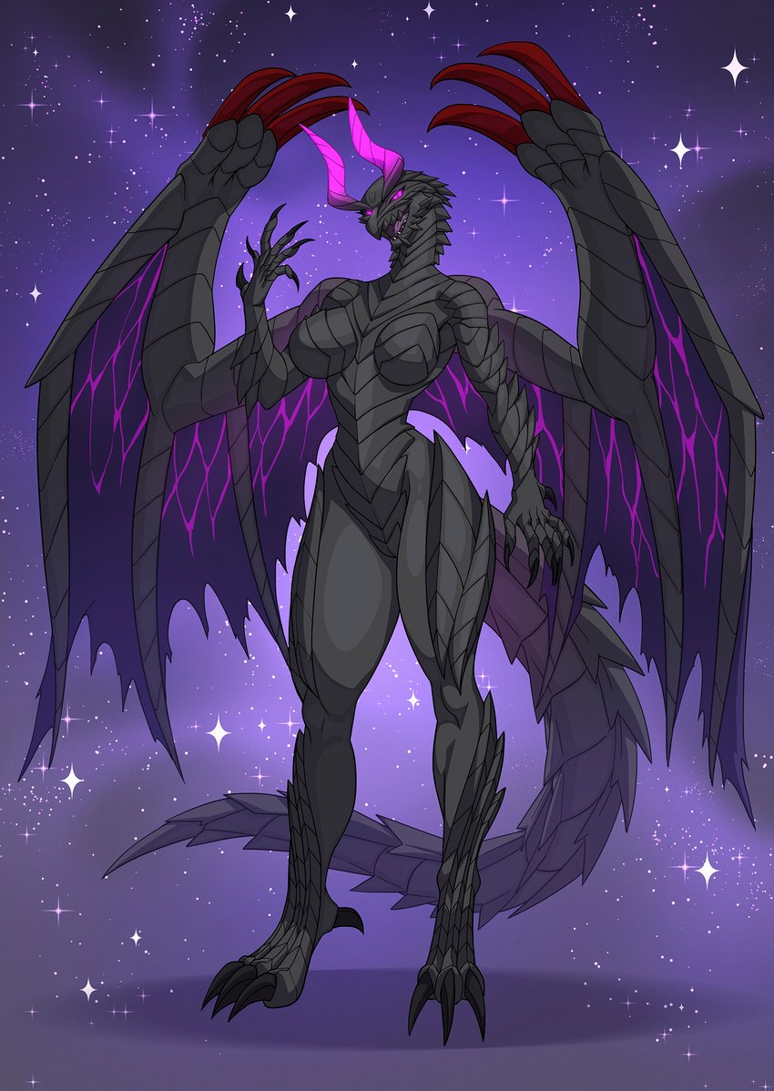 anthro big_breasts black_body breasts claws featureless_breasts female glowing glowing_eyes horn looking_at_viewer membrane_(anatomy) membranous_wings non-mammal_breasts nude pink_eyes scales smile solo tail wings alanscampos capcom monster_hunter gore_magala scalie 2025 hi_res