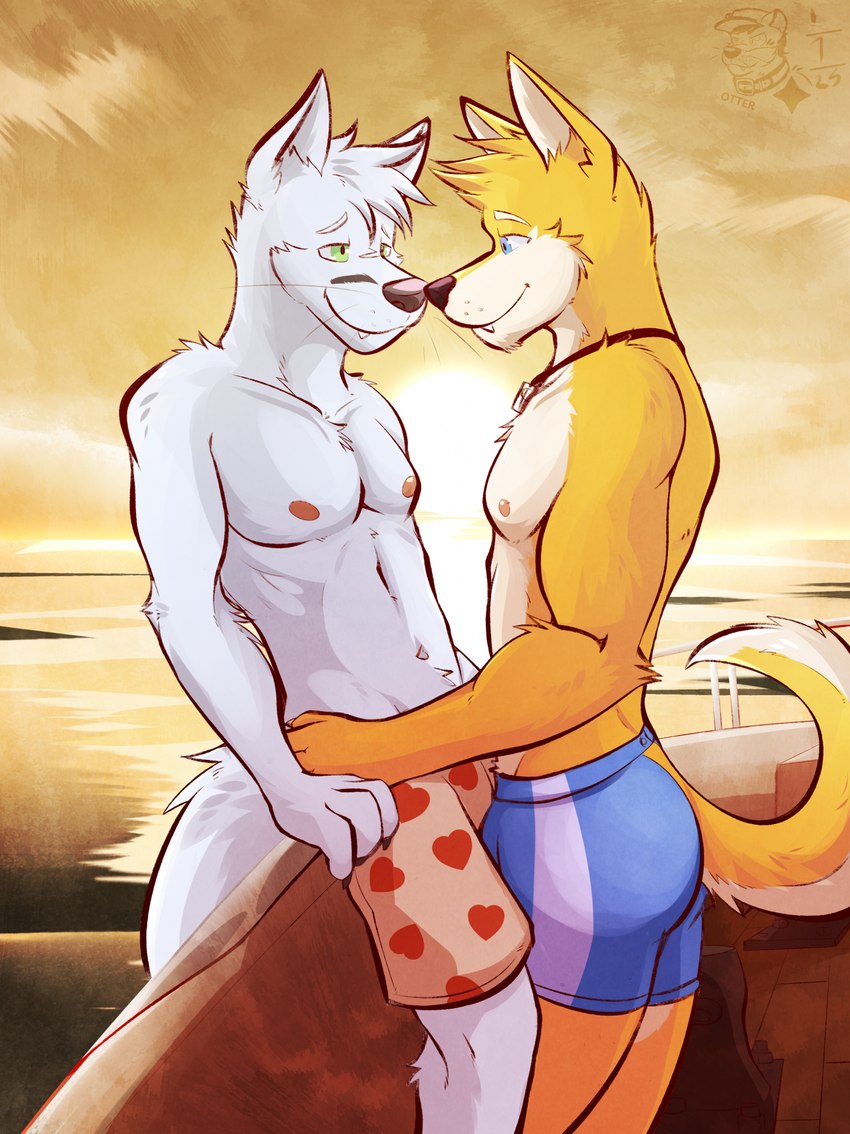 anthro boat boop clothing duo fangs fur hug looking_at_another male male/male nose_boop shirtless sunset teeth underwear vehicle watercraft whiskers white_body white_fur yellow_body yellow_fur fluke ventkazemaru motion_of_the_ocean elliot_(fluke) ryan_(fluke) canid canine canis domestic_dog fox husky mammal nordic_sled_dog spitz hi_res