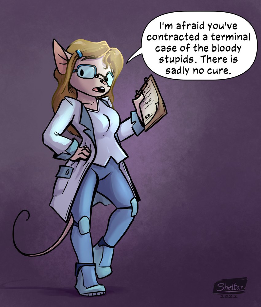 anthro blonde_hair breasts clipboard clothed clothing coat dialogue eyewear female fur glasses hair lab_coat open_mouth pink_nose solo tail tan_body tan_fur text topwear shieltar mammal mouse murid murine rodent 2022 english_text hi_res