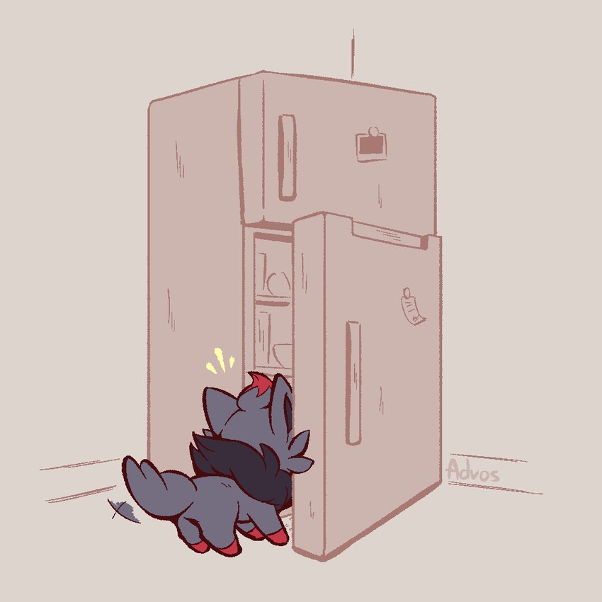 ambiguous_gender appliance black_body black_fur feral fridge fur grey_body grey_fur kitchen_appliance quadruped rear_view red_body solo tail advos nintendo pokemon generation_5_pokemon pokemon_(species) zorua 1:1