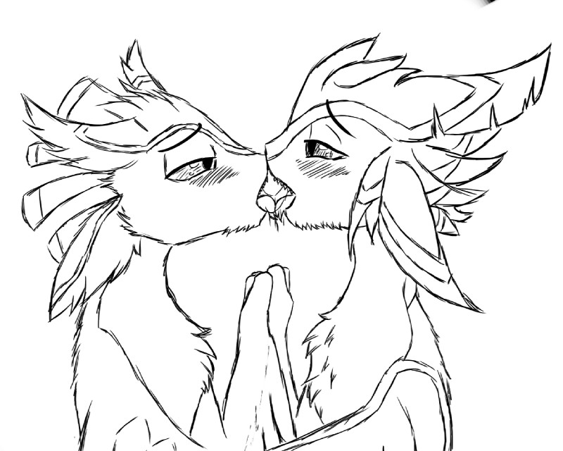 4_ears blush bodily_fluids duo eye_contact fur half-closed_eyes kissing long_ears looking_at_another male male/male multi_ear narrowed_eyes paws saliva teeth tongue wings hoi~poi avali 5:4 monochrome sketch