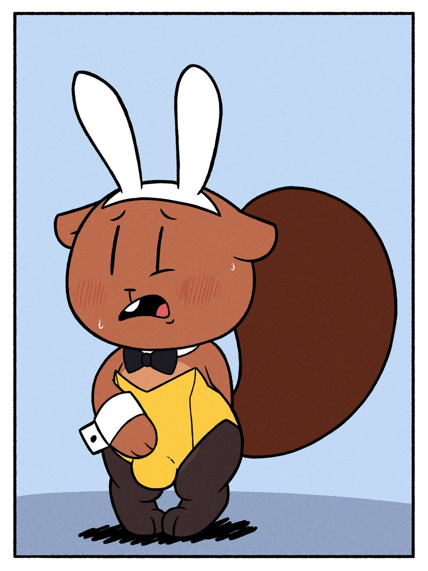 blush bodily_fluids bow_tie brown_body bulge clothed clothed_feral clothing crossed_legs embarrassed fake_ears feral male open_mouth playboy_outfit semi-anthro simple_background solo standing sweat toffee_(artist) cashew_and_belle cashew_(fullhero) mammal rodent sciurid tree_squirrel 3:4 hi_res