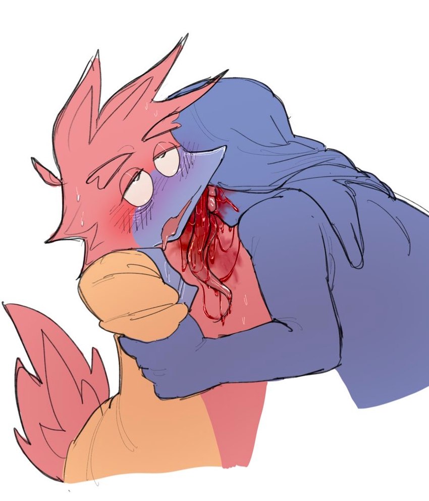 ambiguous_gender anthro beak bite blood blue_body blue_hair blush bodily_fluids clothed clothing drooling duo eyebrows feathers glistening_eyelids gore gore_focus hair lidded_eyes neck_bite open_clothing open_shirt open_topwear red_body red_feathers saliva shirt tail tail_feathers topwear wounded werdopon don't_hug_me_i'm_scared blue_guy_(dhmis) red_duck_guy_(dhmis) avian bird human mammal