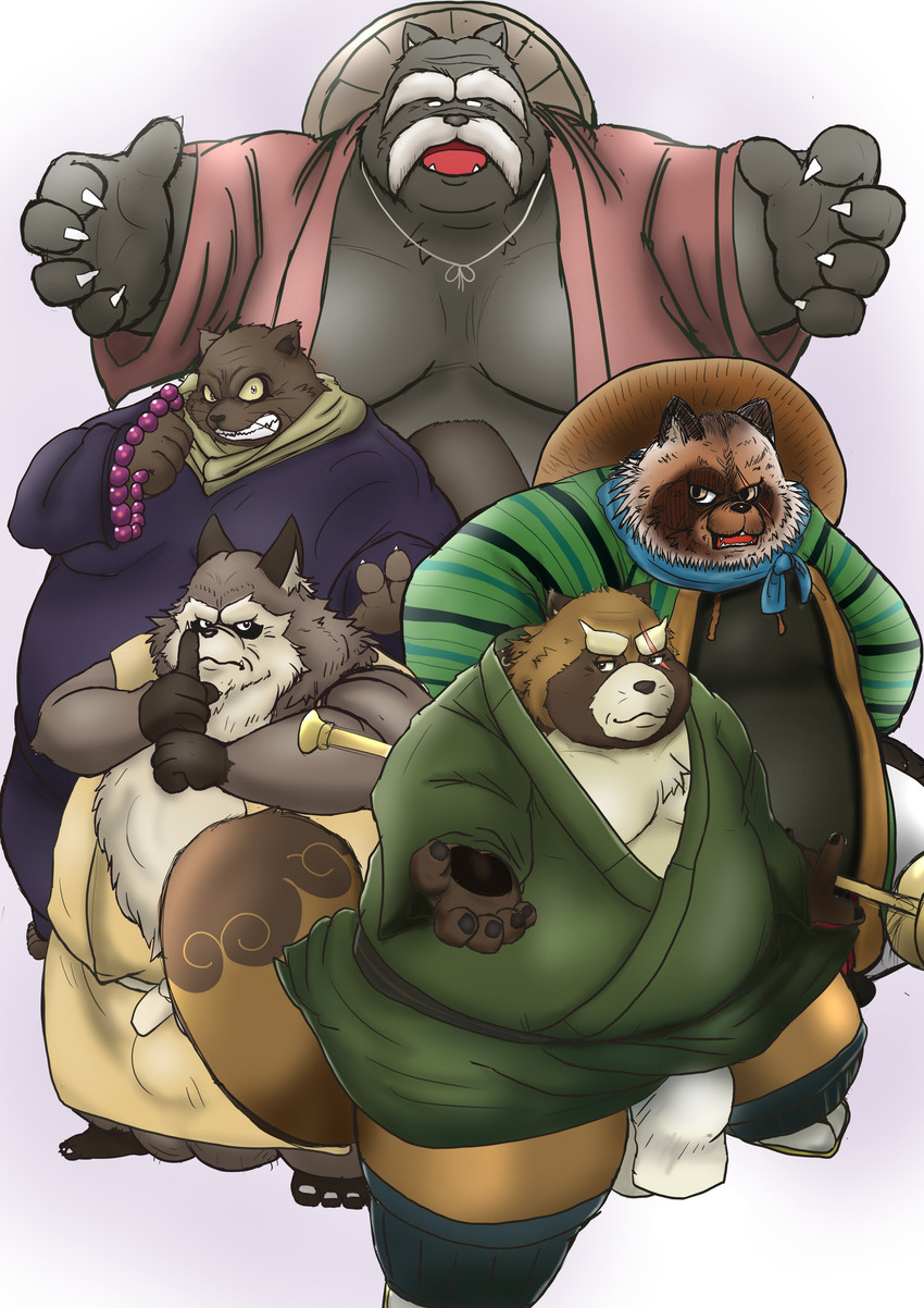 anthro asian_clothing balls belly brown_body brown_fur bulge clothing east_asian_clothing fundoshi fur genitals group hat headgear headwear humanoid_hands japanese_clothing kemono male overweight overweight_male robe scar scarf simple_background underwear white_background mametanu_tanuki gegege_no_kitaro ghibli lifewonders nurarihyon_no_mago pom_poko tokyo_afterschool_summoners gyobu_(tas) inugami_gyobu inugami_gyoubu_(gegege_no_kitaro) inugami_gyoubu_(nurarihyon_no_mago) inugami_gyoubu_(pom_poko) canid canine mammal raccoon_dog tanuki 2020 absurd_res hi_res