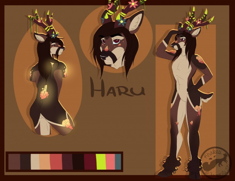 anthro antlers biped featureless_crotch horn looking_at_viewer male nude open_mouth simple_background solo standing text magic_(artist) deer mammal new_world_deer reindeer haru_(disambiguation) english_text model_sheet