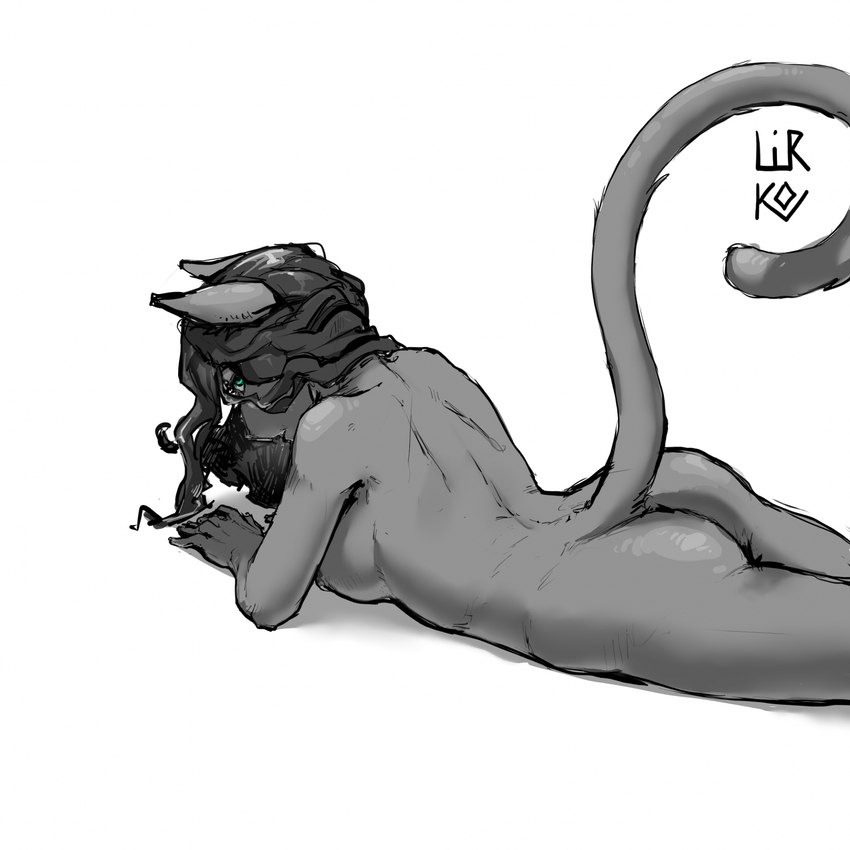 5_fingers anthro black_hair breasts butt female fingers fur green_eyes grey_body grey_fur hair humanoid_hands lying nude nude_anthro nude_female on_front raised_tail simple_background solo tail white_background lirkov camelia_(lirkov) domestic_cat felid feline felis mammal 1:1 2024 hi_res shaded simple_shading sketch