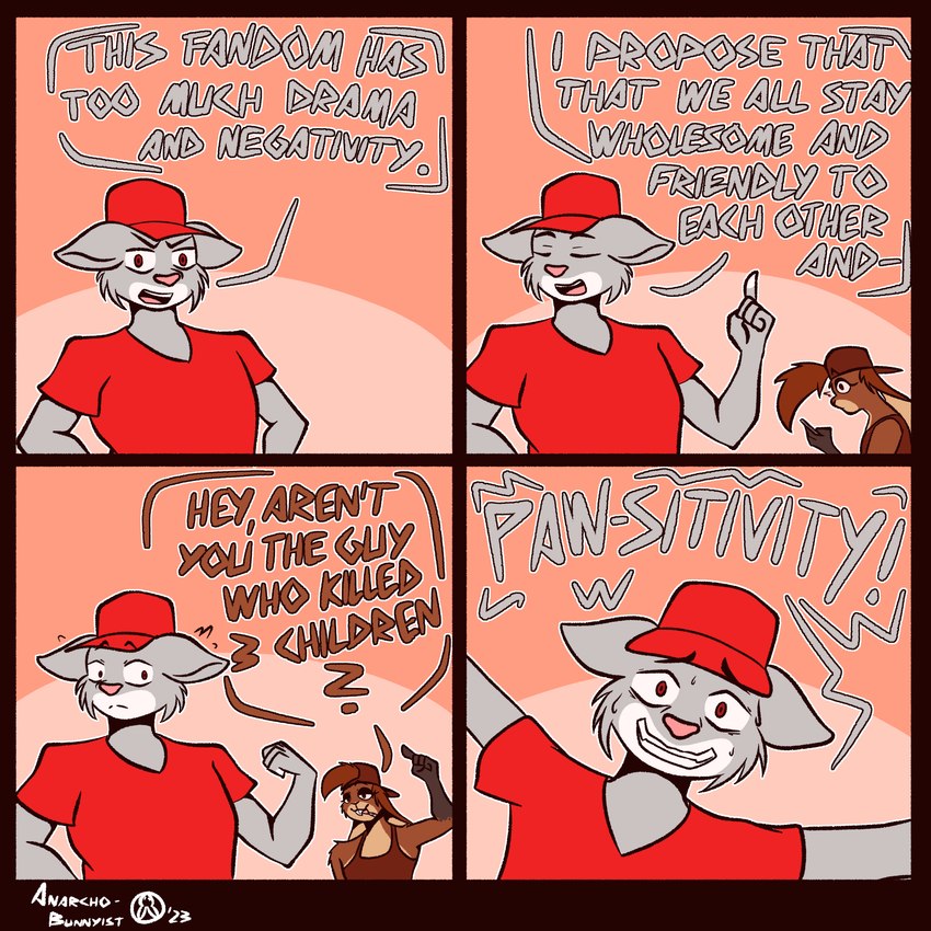 4_panel_comic anthro awkward_smile baseball_cap brown_clothing brown_hat brown_headwear brown_shirt brown_tank_top brown_topwear cheek_tuft clothing desperation dialogue duo eyes_closed facial_tuft gesture hand_gesture hat headgear headwear humor male pointing pointing_at_another raised_finger red_clothing red_eyes red_hat red_headwear red_shirt red_topwear shirt t-shirt tank_top text topwear tuft yelling anarcho-bunnyist iggys_the_bunnytaur ambiguous_species lagomorph leporid mammal rabbit taur 1:1 2023 comic digital_media_(artwork) english_text hi_res nonbinary_(lore)