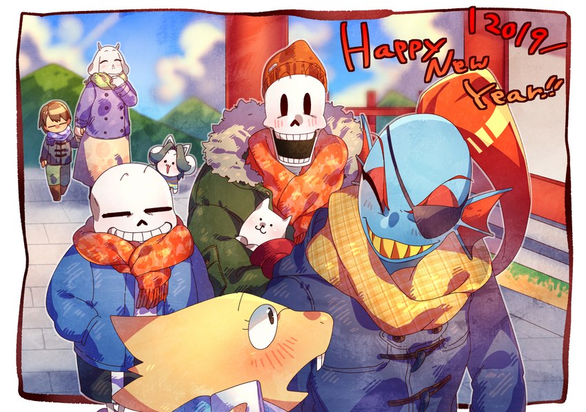 anthro beanie blue_body blue_skin blush bone brown_hair clothed clothing eye_patch eyewear female group hair hat headgear headwear jacket male ponytail scarf sharp_teeth skeleton smile teeth text topwear pugthe2ro undertale undertale_(series) alphys frisk_(undertale) papyrus_(undertale) sans_(undertale) temmie_(undertale) toriel undyne animal_humanoid dinosaur fish fish_humanoid human humanoid mammal marine marine_humanoid prehistoric_species reptile scalie hi_res