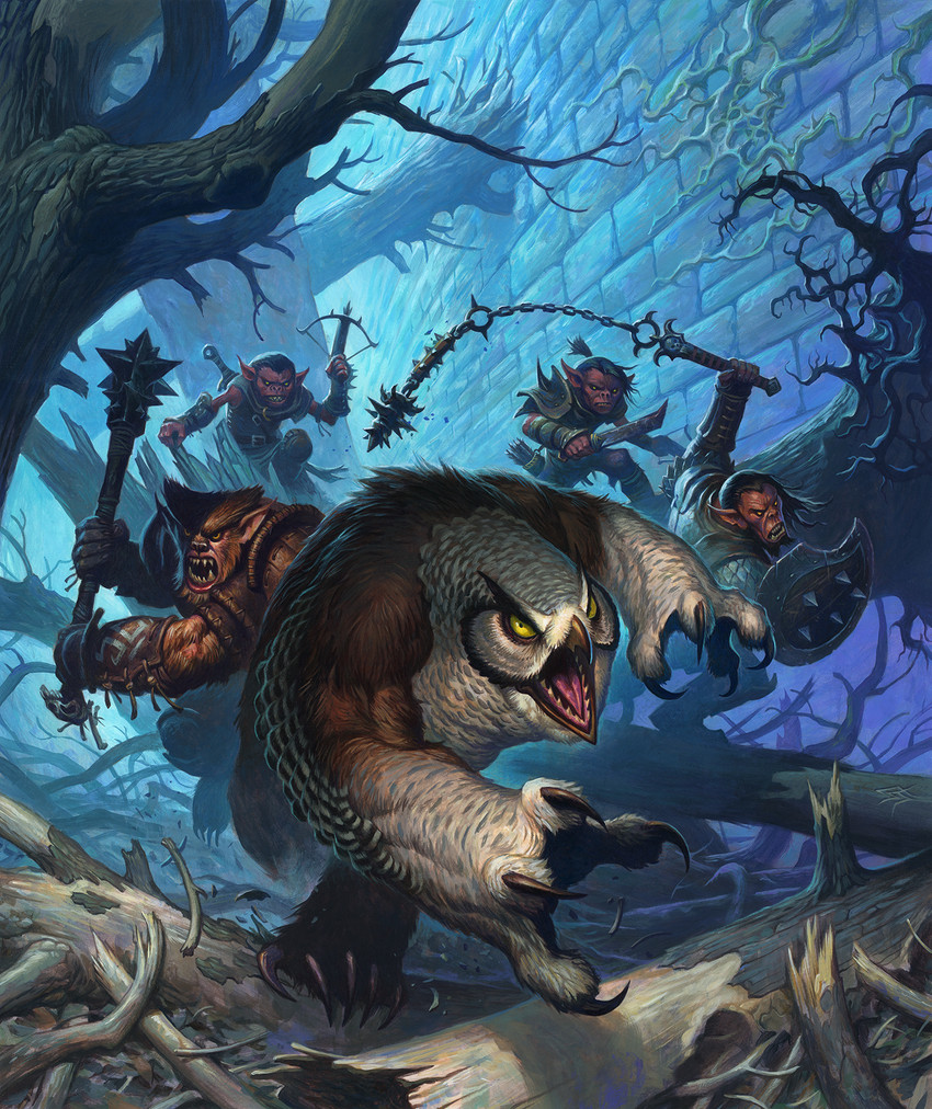 action_pose angry anthro armor beak brick_wall brown_body brown_fur claws destruction feathers feet fur group holding_crossbow holding_mace holding_melee_weapon holding_object holding_shield holding_sword holding_weapon humanoid_pointy_ears leather leather_armor looking_at_viewer male melee_weapon open_mouth pauldron plant pointy_ears pose red_body scale_armor shield size_difference sword talons toes tree wall_(structure) weapon steve_prescott dungeons_and_dragons hasbro wizards_of_the_coast avian bugbear goblin humanoid owlbear hi_res official_art