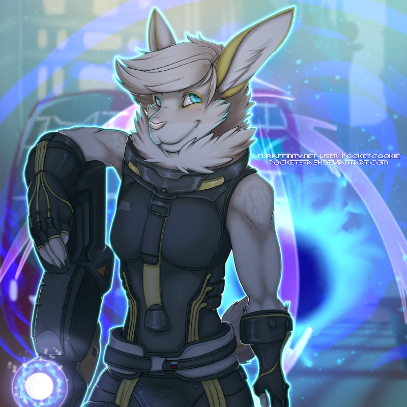 anthro armor belt blue_eyes clothed clothing female fingerless_gloves fur gloves gun hair handwear ranged_weapon sleeveless smile solo standing weapon pocketcookie blizzard_entertainment overwatch zarya_(overwatch) lagomorph leporid mammal rabbit 1:1 hi_res