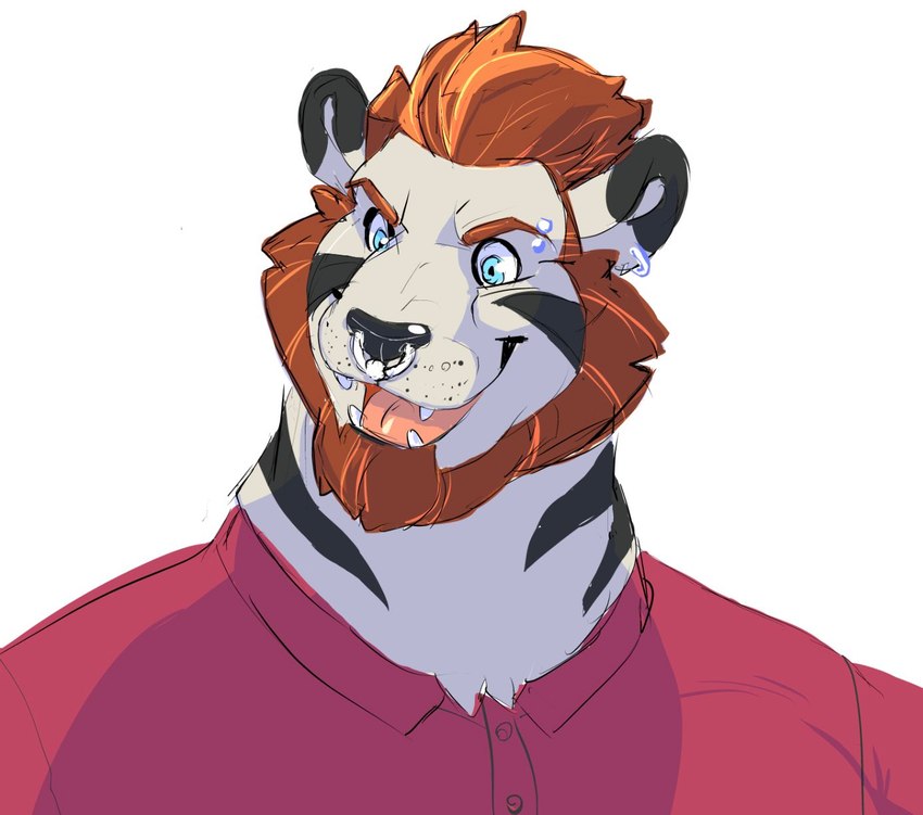 anthro beard biped black_body black_ears black_fur brown_beard brown_facial_hair brown_hair clothed clothing ear_piercing ear_ring eyebrow_piercing facial_hair facial_markings facial_piercing fur hair head_markings male markings multicolored_body multicolored_fur nose_piercing nose_ring open_mouth open_smile piercing red_dress_shirt ring_piercing simple_background smile solo striped_body striped_face striped_fur striped_neck stripes teeth two_tone_body two_tone_fur white_background white_body white_fur daire301 vex_(donryu) felid mammal pantherine tiger 2022 bust_portrait digital_media_(artwork) hi_res portrait