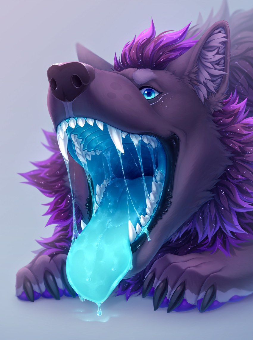 ambiguous_gender black_claws black_nose blue_eyes blue_insides blue_mouth blue_tongue bodily_fluids cheek_tuft claws cyan_insides drooling ear_tuft facial_tuft feral fur hair mouth_shot neck_tuft open_mouth purple_body purple_fur purple_hair saliva saliva_on_tongue saliva_string simple_background solo teeth throat tongue tongue_out tuft kolaa razz_(shinyumbra) canid canine canis mammal wolf absurd_res hi_res