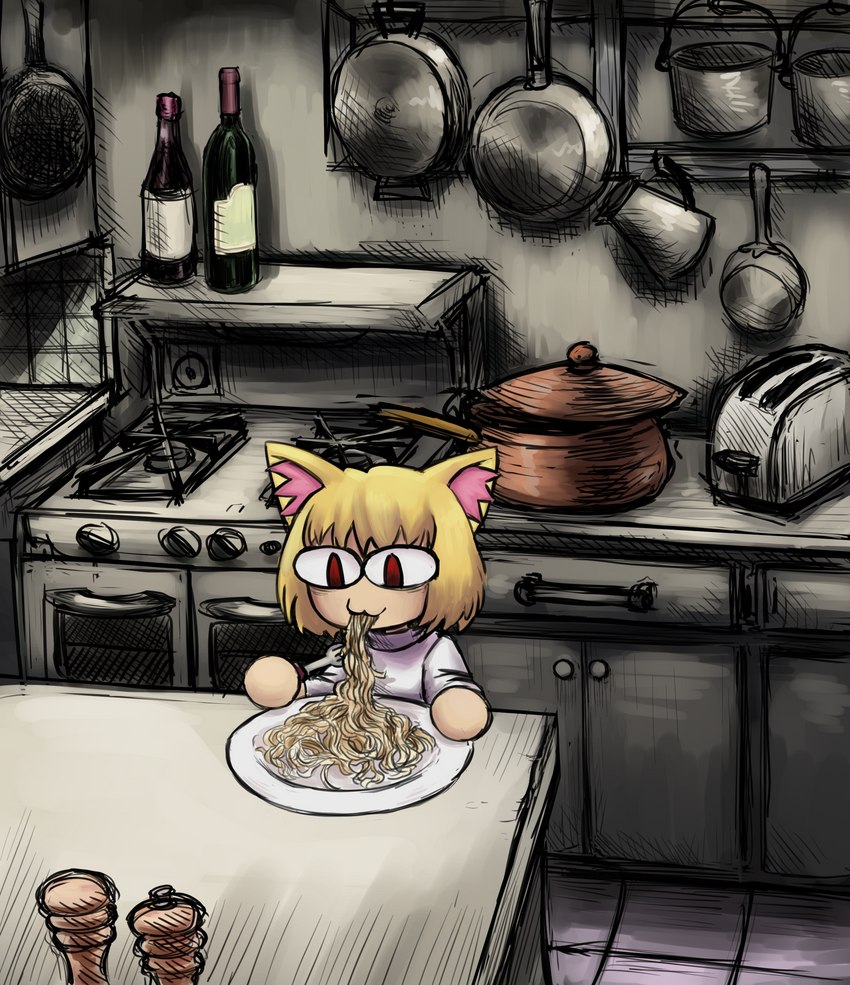 alcohol appliance beverage blonde_hair clothing cooking_pot cookware cutlery desolate eating female food fork frying_pan hair inner_ear_fluff kitchen kitchen_appliance kitchen_stove kitchen_utensils pan pasta plate red_eyes solo spaghetti stove sweater toaster tools topwear tuft wine wine_bottle shrums tsukihime type-moon neco-arc animal_humanoid cat_humanoid felid felid_humanoid feline feline_humanoid humanoid mammal mammal_humanoid 2020 absurd_res hi_res