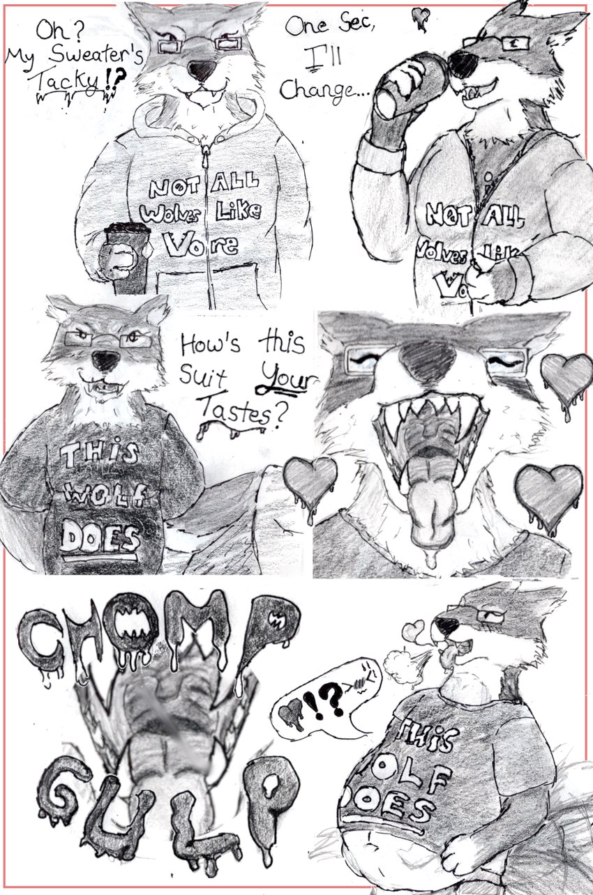 beverage clothing coffee gimp hoodie marker open_mouth oral_vore pencil topwear uvula vore burgundy_wolf burgundy_wolf_(character) canid canine canis mammal wolf absurd_res comic hi_res traditional_media_(artwork) nonbinary_(lore)