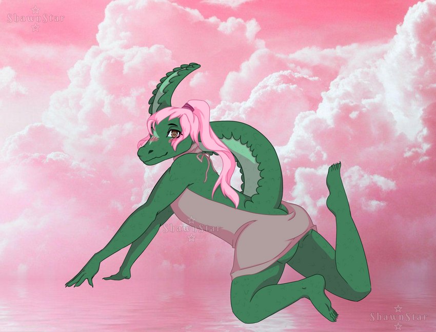 anthro biped blush brown_eye butt claws clothed clothing embarrassed feet green_body hair heterochromia looking_at_viewer pink_background pink_clothing pink_hair ponytail simple_background sky skyscape smile solo sweater tail toe_claws toes topwear virgin_killer_sweater mistystar meme_clothing alligator alligatorid crocodilian reptile scalie digital_media_(artwork) hi_res meme shaded