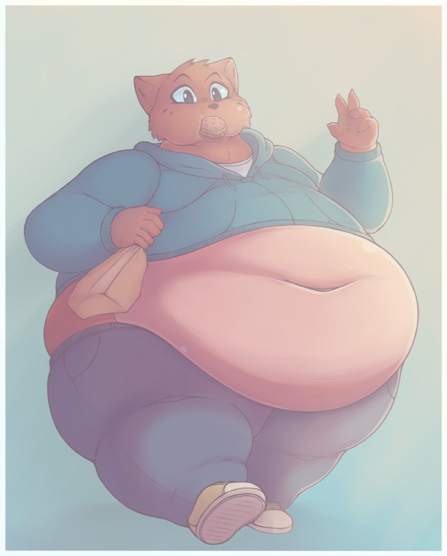 anthro belly belly_overhang big_belly biped burger clothed clothing eating food footwear fur holding_object hoodie male midriff navel obese obese_anthro obese_male overweight overweight_anthro overweight_male shoes solo thick_thighs topwear walking saltypantz domestic_cat felid feline felis mammal hi_res