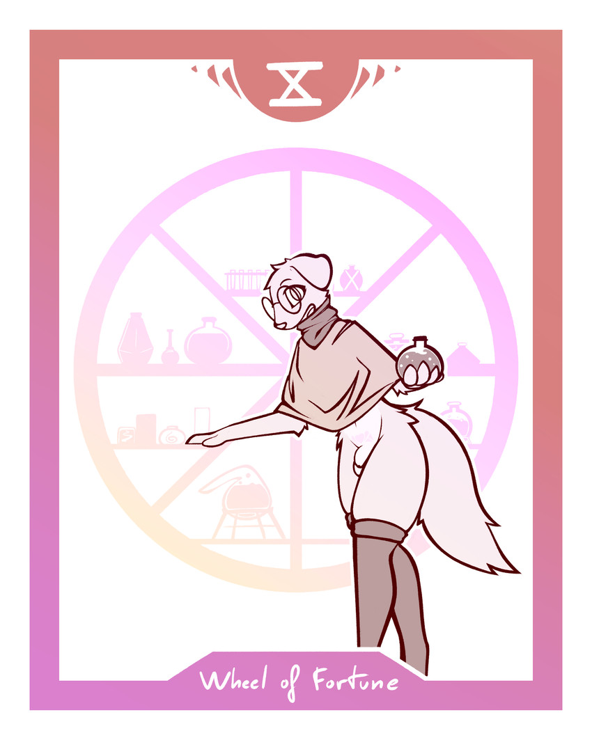 4_fingers anthro balls border card clothing eyewear fingers flaccid floppy_ears footwear genitals glasses holding_object holding_potion humanoid_genitalia humanoid_penis knee_highs knee_socks legwear looking_at_viewer major_arcana male multicolored_body open_mouth penis poncho potion shelf smile smiling_at_viewer socks solo tail tarot tarot_card text two_tone_body wearing_glasses wheel_of_fortune_(tarot) white_border womb_tattoo conditional_dnp lodi_(artist) amandine_(lodi) bird_dog canid canine canis domestic_dog golden_retriever hunting_dog mammal retriever 4:5 absurd_res english_text hi_res trans_(lore) trans_woman_(lore)