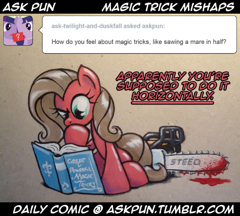 blood bodily_fluids book brown_hair chainsaw confusion doing_it_wrong female feral fur green_eyes hair power_tool reading red_body red_fur text tools graffegruam ask_pun friendship_is_magic hasbro my_little_pony tumblr fan_character pun_pony twilight_sparkle_(mlp) earth_pony equid equine horse mammal pony comic digital_media_(artwork) english_text url