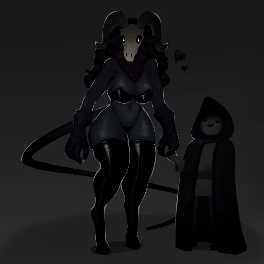 anthro big_breasts biped black_body black_bra black_claws black_clothing black_ears black_fur black_hair black_legwear black_sclera black_tail black_thigh_highs black_thong black_underwear bone bra breasts chest_tuft claws cleavage cloak clothed clothing curved_horn dripping_heart duo female female_anthro female_on_human finger_claws fire_eyes front_view fully_clothed fur gloves_(marking) glowing glowing_eyes grey_background hair hand_holding heart_symbol hood hooded_cloak hooves horn human_on_anthro interspecies larger_anthro larger_female legwear long_hair long_tail looking_at_viewer male male/female male_human male_on_anthro markings monotone_body monotone_fur monotone_hair monotone_tail navel neck_tuft simple_background size_difference skimpy skull skull_head smaller_human smaller_male smile standing tail thigh_highs thong tuft underwear underwear_only unguligrade white_eyes wide_hips bunbury bovid caprine caprine_demon demon goat_demon human mammal 1:1 2024 colored digital_media_(artwork) full-length_portrait hi_res portrait shaded