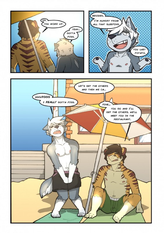 anthro beach blue_body blue_fur clothing dialogue duo fur male nipples outside sand seaside speech_bubble text umbrella white_body white_fur baraking canid canine canis domestic_dog felid husky mammal nordic_sled_dog spitz 2015 comic digital_media_(artwork) english_text hi_res story