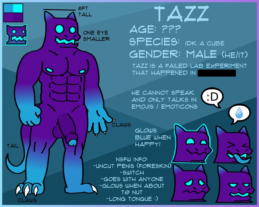 abs anthro balls blue_body blue_eyes blue_tongue claws emoticon feet foreskin genitals glowing glowing_eyes glowing_mouth glowing_nipples half-erect long_tongue male muscular muscular_anthro muscular_male nipples nude open_mouth pecs penis purple_body smile solo standing tall text tongue water_drop huddsies geometry_dash tazz_(huddsies) unknown_species 5:4 english_text hi_res model_sheet