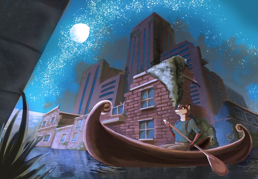 anthro backpack canoe city detailed_background female looking_aside moon night outside rowing ruins sky solo star starry_sky vehicle water watercraft cira_nova canid canine fox mammal 2020 digital_media_(artwork) digital_painting_(artwork) hi_res