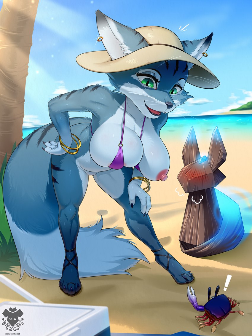 anthro beach big_breasts bikini blue_body blue_fur bracelet breasts clothing day ear_piercing ear_ring female feral fluffy fluffy_tail fur green_eyes hat headgear headwear jewelry nipple_slip one_breast_out outside palm_tree piercing plant ring_piercing sand seaside sky solo_focus sun_hat swimwear tail tree two-piece_swimsuit whiskers renatetherat blizzard_entertainment warcraft arthropod canid crab crustacean decapoda malacostracan mammal marine vulpera 3:4 hi_res