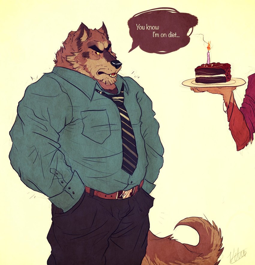 anthro blue_clothing blue_shirt blue_topwear bottomwear brown_body brown_eyes brown_fur cake clothing dessert evil_face food fur male necktie overweight pants shirt simple_background solo text topwear white_background vetrowolf canid canine canis mammal wolf hi_res