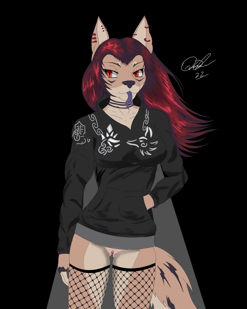 anthro bottomless breasts clothed clothing ear_piercing female fishnet_clothing fishnet_legwear forked_tongue fur gauged_ear genitals hair hoodie hoodie_only legwear looking_at_viewer nordic nordic_runes nude piercing pussy red_eyes red_hair simple_background solo squish stockings tail thigh_gap thigh_highs thigh_squish tongue topwear topwear_only lynxdts mythology lorelei_(lynxdts) canid canine canis dragon hybrid mammal mythological_creature mythological_scalie scalie wagon(species) wolf absurd_res digital_media_(artwork) hi_res