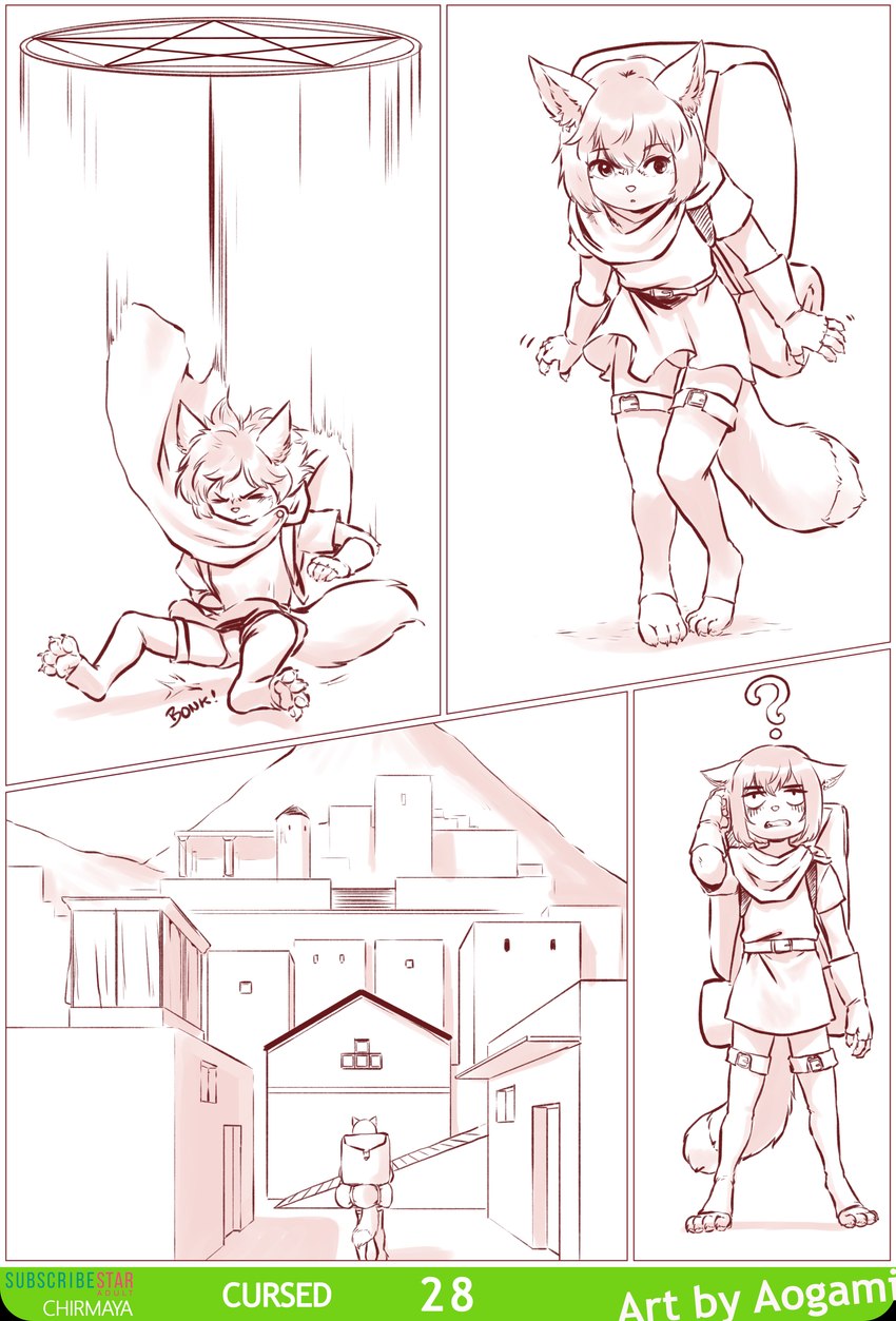 anthro backpack clothed clothing container duo female fluffy fluffy_tail hair occult_symbol panties pentagram simple_background symbol tail underwear white_background young aogami chirmaya canid canine fox mammal absurd_res comic hi_res monochrome